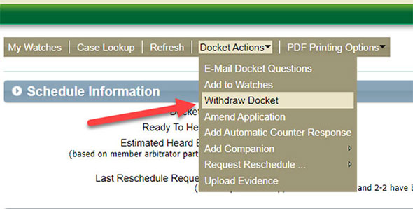 Screenshot of the Docket Actions menu with an arrow pointing to the Withdraw Docket option