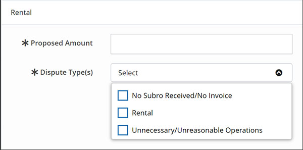 Screenshot of the Dispute Type drop down in the Rental section