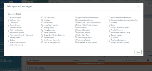 Screenshot of evidence types to choose from