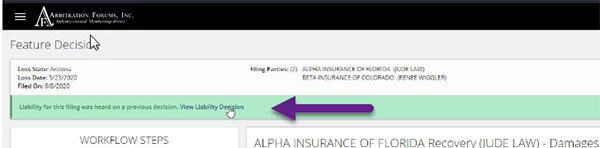 Screenshot of the Feature Decision with the option to view the liability decision.