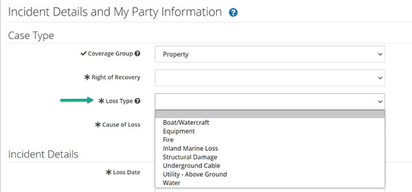 Screenshot of the Incident Details and My Party Information section with an arrow highlighting the Loss Type field